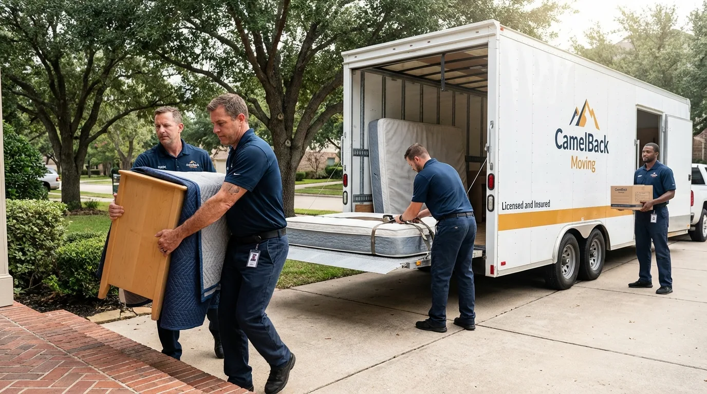 Crew loading residential truck for cross-state move from Bayport, NY