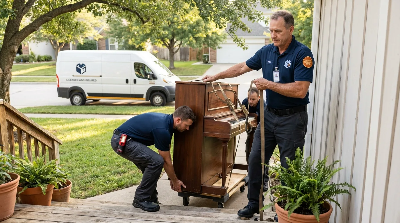 Licensed piano movers securing grand piano in Bayport, NY