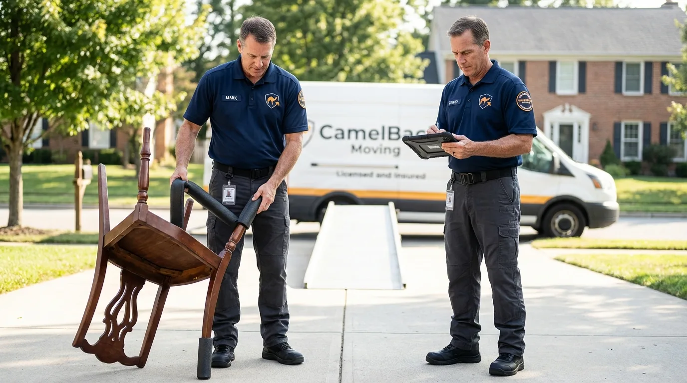Movers inspecting furniture for damage prevention before loading in Bayport, NY