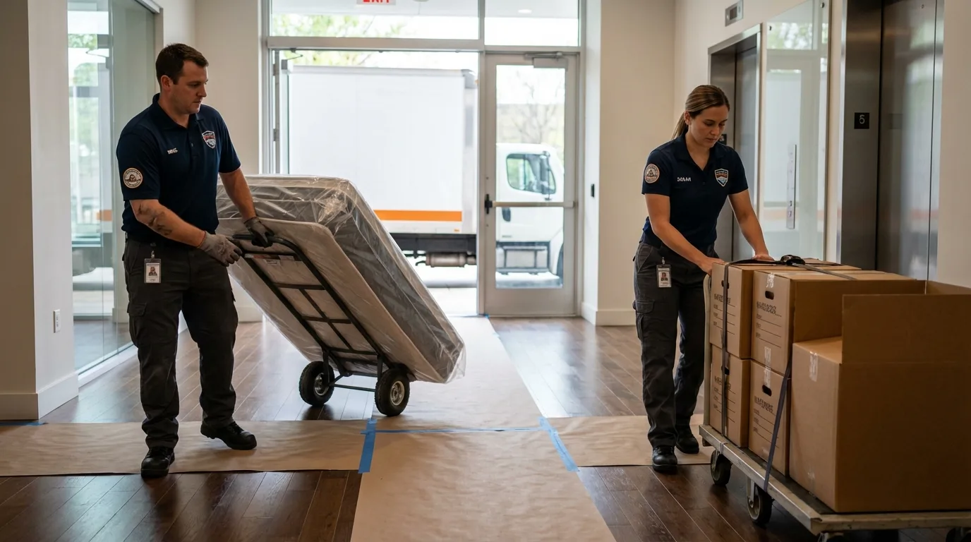 Professional apartment movers loading elevator in Bayport, NY