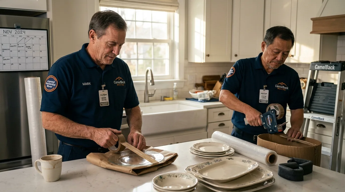 Professional crew packing kitchen dishware in Bayport, NY